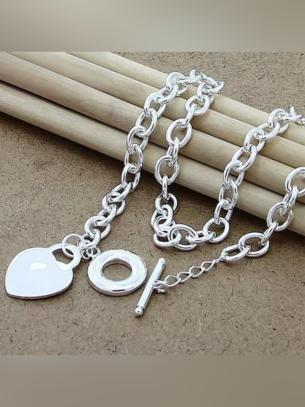 Silver Toggle Chain Necklace - Link Design Heart Charm!